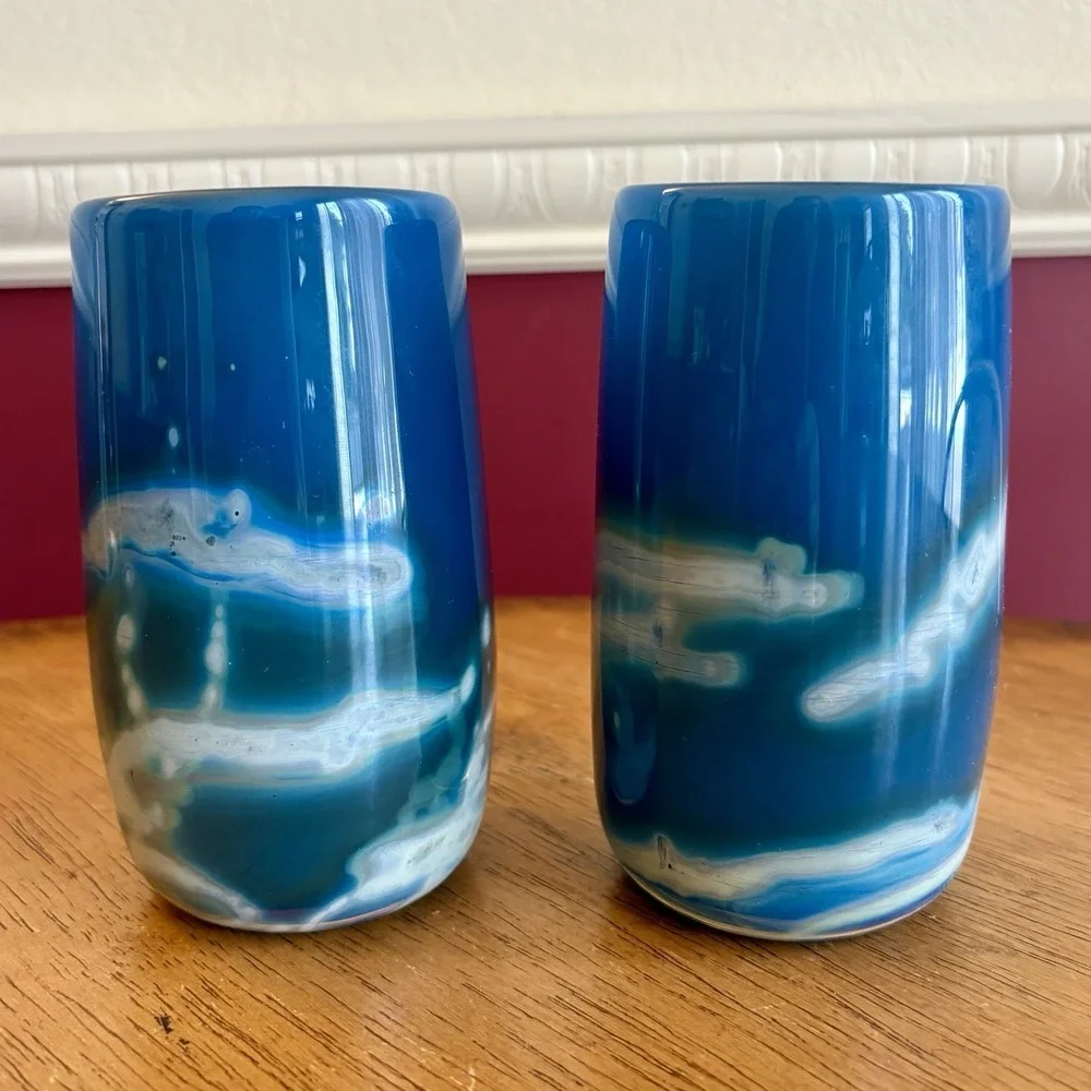 Stunning Hand Blown Art Glass Tumbler Set Of 2 | Blue Green‎ White Swirl | Heavy